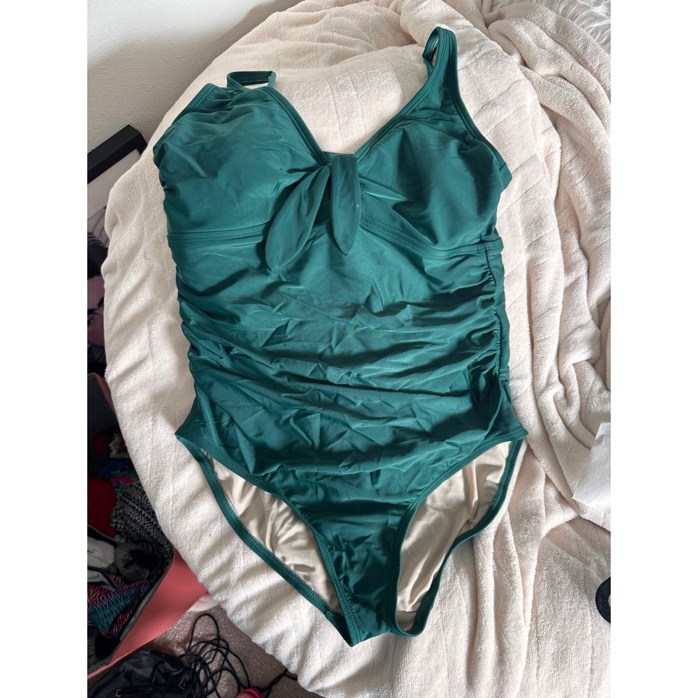 Kona Sol Women's Large Emerald Green One Piece Swimsuit Ruched Tie Front